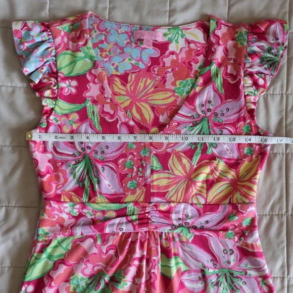 Lilly Pulitzer Pink Floral Fit and Flare Dress with Ruffle Cap Sleeve - Picture 3 of 8